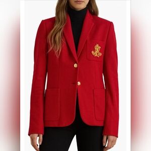 BNWT Ralph Lauren Bullion Jacquard Red Blazer XS Logo Patch Cotton Blend